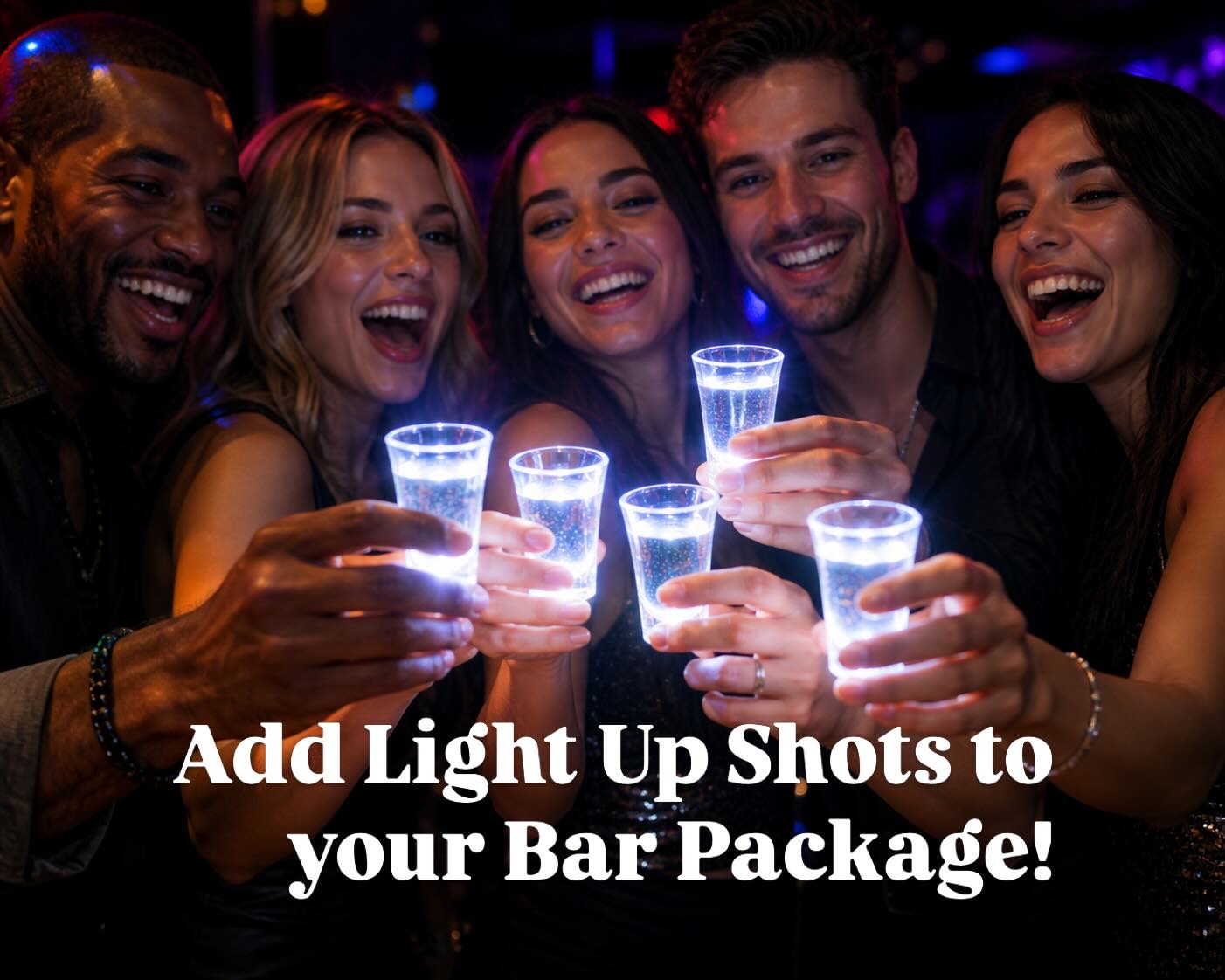 Group of guests cheers-ing with light-up shots at a night event